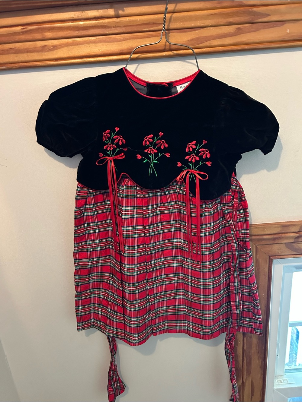 Vintage Girls Black & Red Embroidered Velvet Plaid Dress Top